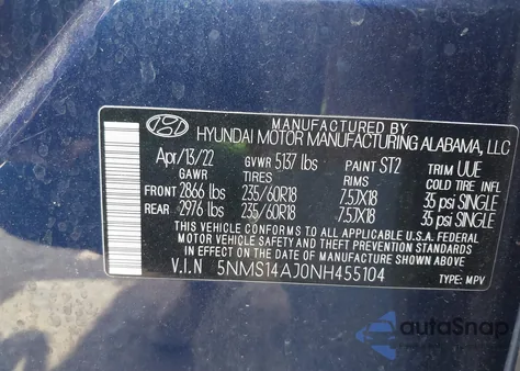 2022 Hyundai Santa Fe Se z USA, uszkodzony, nr VIN 5NMS14AJ0NH455104